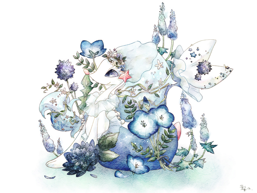 artist_name blue_eyes blue_flower blue_hair closed_mouth commentary dated flower flower_wreath from_side full_body gen_7_pokemon happy highres hyacinth long_hair lotus low-tied_long_hair no_humans pearl_(gemstone) pokemon pokemon_(creature) primarina purple_flower riri_(riri_nasinasi) sideways_mouth signature simple_background smile solo star_(symbol) star_in_eye starfish symbol_commentary symbol_in_eye tied_hair very_long_hair white_background white_flower