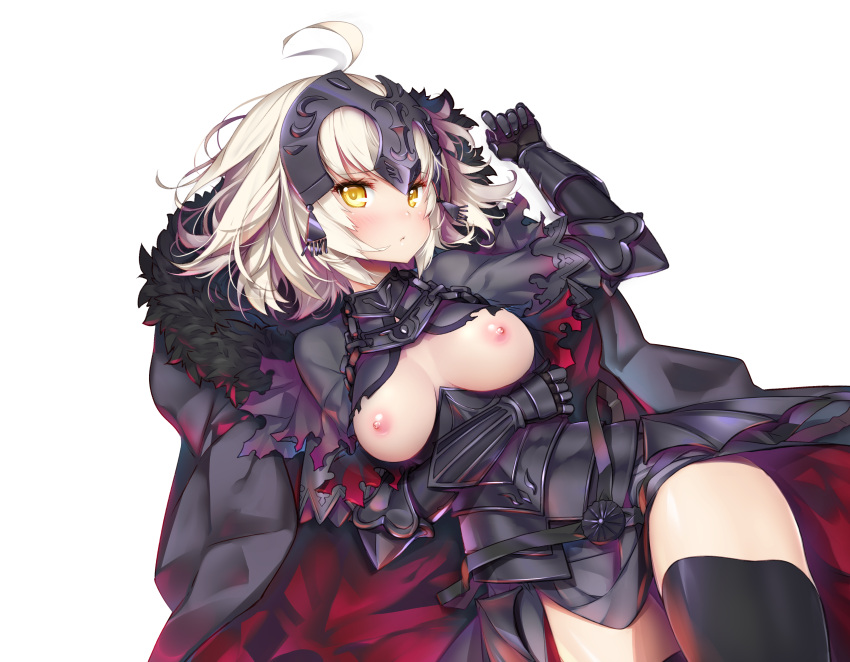 armor blush breasts fate/grand_order fate_(series) hong_(white_spider) jeanne_d'arc_alter nipples no_bra thighhighs white yellow_eyes