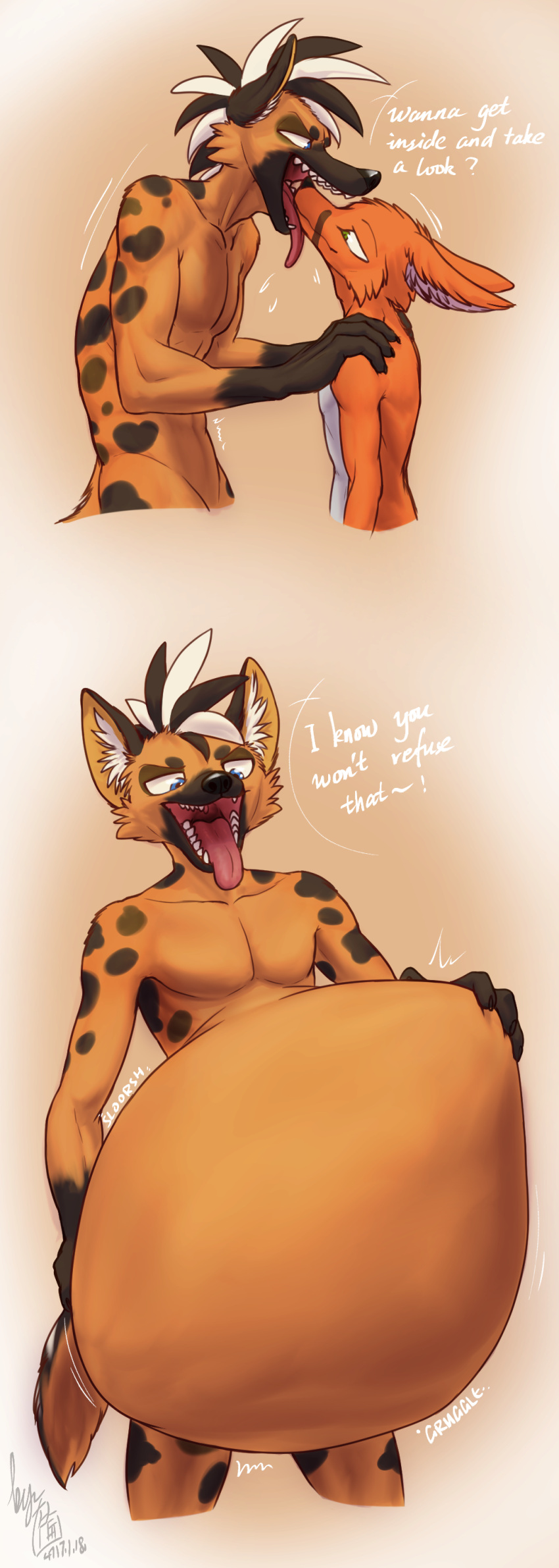 ! 2021 4_fingers ? abdominal_bulge absurd_res after_vore anthro anthro_pred anthro_prey asking athletic athletic_anthro athletic_male belly big_belly biped black_claws black_ears black_hair black_nose blue_eyes brown_markings brown_spots canid canine cheek_tuft claws comic countershade_torso countershading cramped dated dialogue digital_drawing_(artwork) digital_media_(artwork) duo ear_tuft english_text eye_contact facial_tuft fangs fingers fluffy fluffy_tail fox front_view fur fur_markings fur_tuft gloves_(marking) gradient_background green_eyes grey_text hair half-closed_eyes hand_on_shoulder hand_on_stomach head_tuft hi_res hyaenid hyper hyper_belly imminent_vore inner_ear_fluff looking_at_another looking_at_mouth looking_into_mouth lunlunfox male male_pred male_prey mammal markings motion_lines multicolored_body multicolored_fur multicolored_hair multiple_scenes narrowed_eyes nick_(throwaway2314) nude number onomatopoeia open_mouth oral_vore orange_body orange_fur pecs pink_tongue portrait presenting presenting_mouth question questioning rei'ok_(superpianoman929) restrained rumbling_stomach same_size_vore satisfied short_hair side_view signature simple_background soft_vore sound_effects speech_bubble spots spotted_body spotted_fur spotted_hyena standing submissive submissive_anthro submissive_male swallowing tan_background tan_body tan_fur teeth text three-quarter_portrait tongue tongue_out tuft uvula vore white_body white_countershading white_fur white_hair white_text