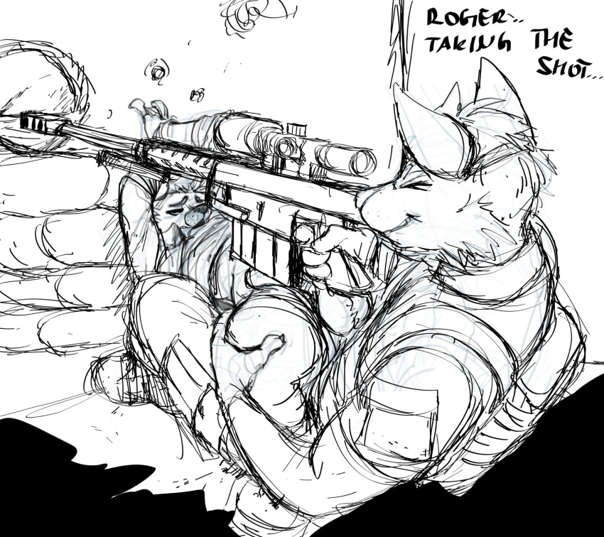 2021 anthro balls bunker canid canine canis fox fox_mccloud genitals gun hi_res hladilnik humor male male/male mammal monochrome nintendo ranged_weapon rifle sketch sniper_rifle soldier star_fox tzarvolver video_games warrior weapon wolf wolf_o'donnell