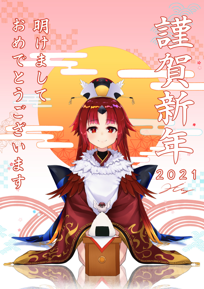 1girl 2021 absurdres alternate_hairstyle apron bangs benienma_(fate/grand_order) bird closed_mouth commentary_request eyebrows_visible_through_hair fate/grand_order fate_(series) food hairu0919 happy_new_year hat highres japanese_clothes kimono long_hair long_sleeves looking_at_viewer multicolored_hair nengajou new_year obi onigiri orange_hair parted_bangs red_eyes red_hair rising_sun sash seiza short_kimono sidelocks signature sitting smile solo sparrow sun sunburst translation_request very_long_hair wide_sleeves