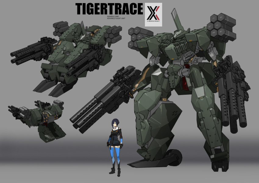 1girl 3d absurdres bird/binary black_gloves blue_eyes breasts character_name character_sheet ciel_(bird/binary) dual_wielding gloves gradient gradient_background gun highres holding holding_gun holding_weapon las91214 mecha medium_breasts open_hands science_fiction short_hair size_comparison standing thighhighs tigertrace weapon