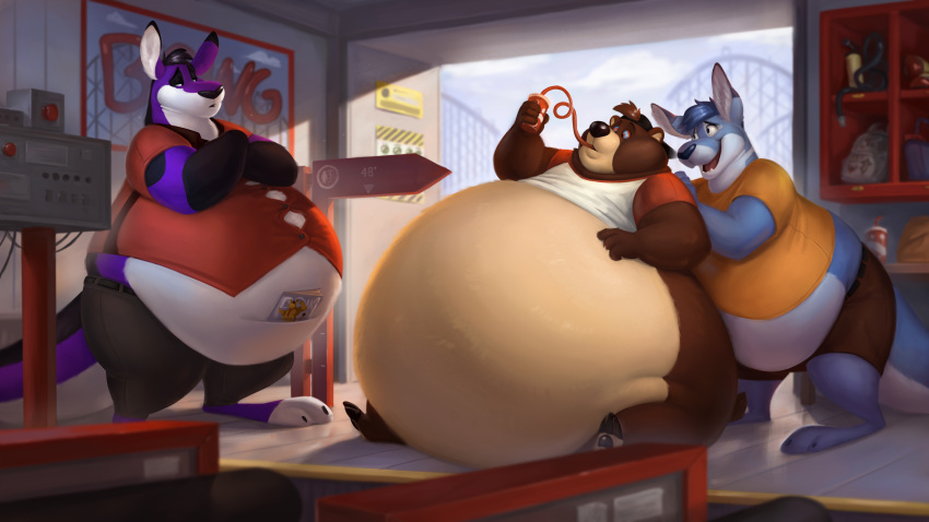 16:9 absurd_res amusement_park amusement_ride annoyed anthro backwards_baseball_cap baseball_cap belly belly_expansion belly_inflation belly_overhang beverage big_belly blue_body blue_fur bottomless brown_bear brown_body brown_fur chubby_cheeks claws clothed clothing crossed_arms detailed_background dewlap_(anatomy) double_chin drinking embarrassed expansion fur group hand_on_shoulder hat headgear headwear hi_res holding_beverage holding_object hyper hyper_belly kangaroo kygen kygen_(kygen) macropod magazine male mammal marsupial midriff morbidly_obese morbidly_obese_anthro morbidly_obese_male obese obese_anthro obese_male open_mouth open_smile overweight overweight_anthro overweight_male pouch_(anatomy) pouch_purse purple_body purple_fur roller_coaster silly_straw sitting smile standing straining_buttons tan_body tan_fur teeth toe_claws tongue ursid ursine weight_gain white_body white_fur wide_hips widescreen