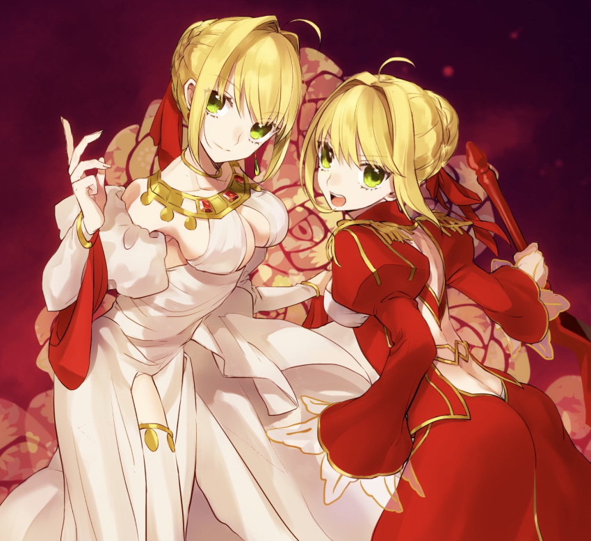 2girls aestus_estus ahoge akamakoto ass bangs blonde_hair blush bracelet braid breasts cleavage closed_mouth dress dual_persona earrings epaulettes fate/extra fate_(series) french_braid green_eyes hair_between_eyes hair_bun hair_intakes heroic_spirit_formal_dress highres jewelry large_breasts long_hair long_sleeves looking_at_viewer looking_back multiple_girls neck_ring necklace nero_claudius_(fate) nero_claudius_(fate)_(all) open_mouth red_dress smile sword thighlet thighs weapon white_dress