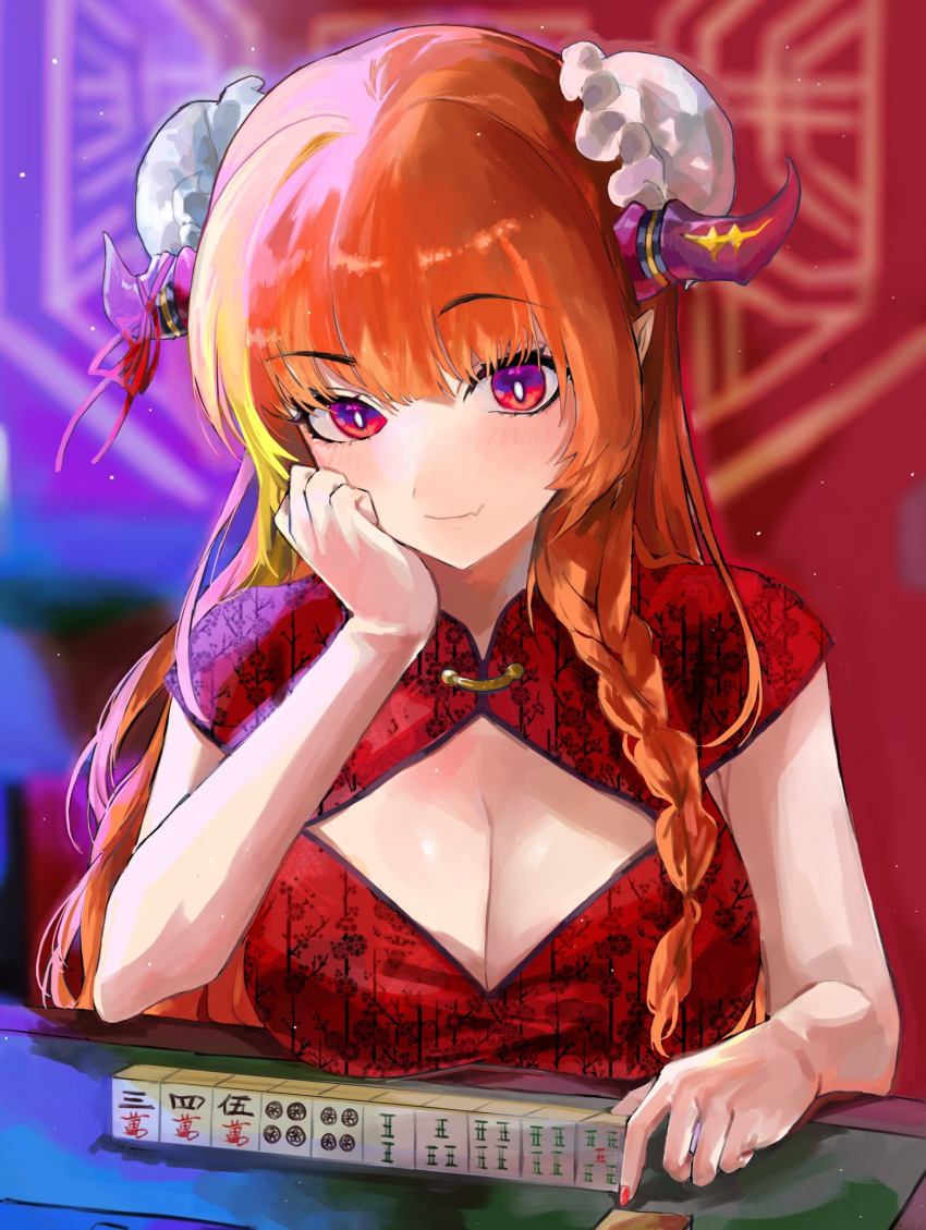 1girl alternate_costume alternate_hairstyle bangs blonde_hair blush braid braided_ponytail breasts bun_cover china_dress chinese_clothes cleavage cleavage_cutout closed_mouth clothing_cutout commentary_request double_bun dragon_girl dragon_horns dress eyebrows_visible_through_hair fang fingernails head_rest highlights highres hololive horn_ornament horns indoors kiryuu_coco large_breasts long_hair looking_at_viewer mahjong mahjong_table mahjong_tile multicolored multicolored_eyes multicolored_hair nail_polish orange_hair pointy_ears purple_eyes red_eyes skin_fang smile solo streaked_hair table upper_body virtual_youtuber yuruyurito