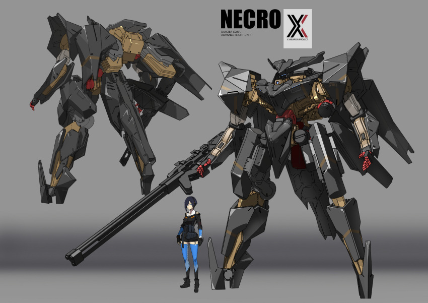 1girl absurdres arm_cannon bird/binary black_gloves blue_eyes breasts chain_gun character_name character_sheet ciel_(bird/binary) gloves gradient gradient_background highres las91214 mecha medium_breasts necro_(bird/binary) open_hands science_fiction short_hair size_comparison standing thighhighs weapon