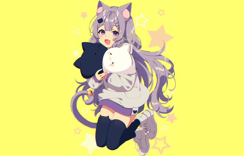 animal_ears aylaah_mao bandaid bell blush catgirl fang hoodie long_hair mamyouda purple_eyes purple_hair signed stars tail thighhighs yellow zettai_ryouiki