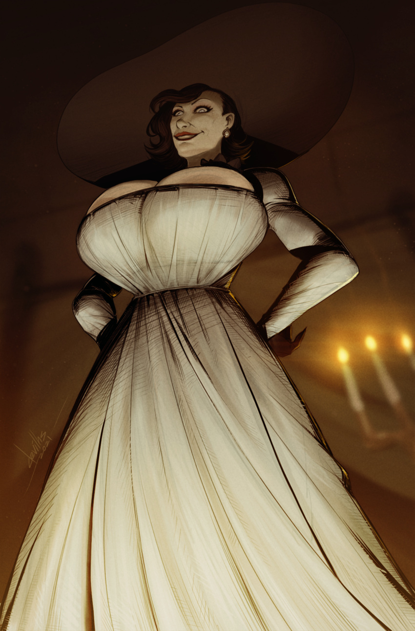 1girl alcina_dimitrescu breasts brown_hair bursting_breasts devilhs dress earrings gigantic_breasts hands_on_hips hat highres jewelry long_hair looking_at_viewer looking_down resident_evil resident_evil_village signature solo white_dress