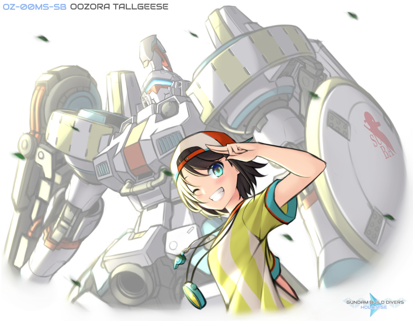 1girl backwards_hat baseball_cap black_hair blush character_name english_commentary fusion gundam gundam_build_divers gundam_build_divers_re:rise gundam_wing hat highres hololive jersey logo_parody looking_up mecha one_eye_closed oozora_subaru parody pinguinkotak salute science_fiction shield short_hair smile stopwatch stopwatch_around_neck striped subangelion tallgeese title_parody visor watch whistle whistle_around_neck