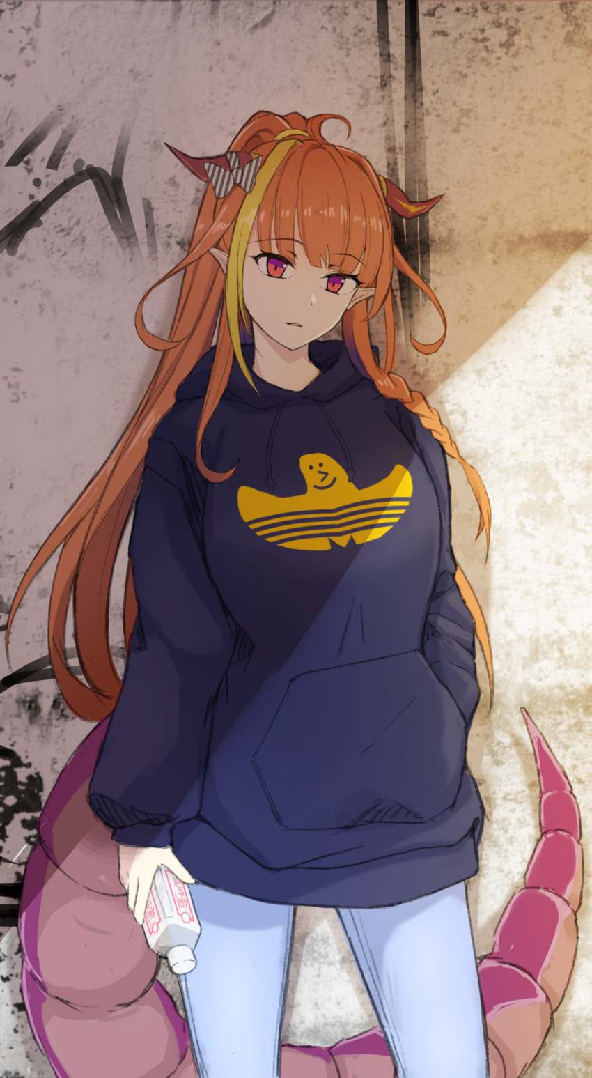 1girl adidas alternate_costume alternate_hairstyle asacoco bangs blonde_hair blunt_bangs bottle bow bowtie braid casual commentary_request cowboy_shot dragon_girl dragon_horns dragon_tail emoticon eyebrows_visible_through_hair graffiti highlights highres hololive hood hoodie horn_bow horns kiryuu_coco logo_parody long_hair long_ponytail long_sleeves looking_at_viewer multicolored multicolored_eyes multicolored_hair orange_hair oumi_(rsag) pants parody pointy_ears ponytail purple_eyes red_eyes scales single_braid solo standing streaked_hair striped striped_bow tail virtual_youtuber