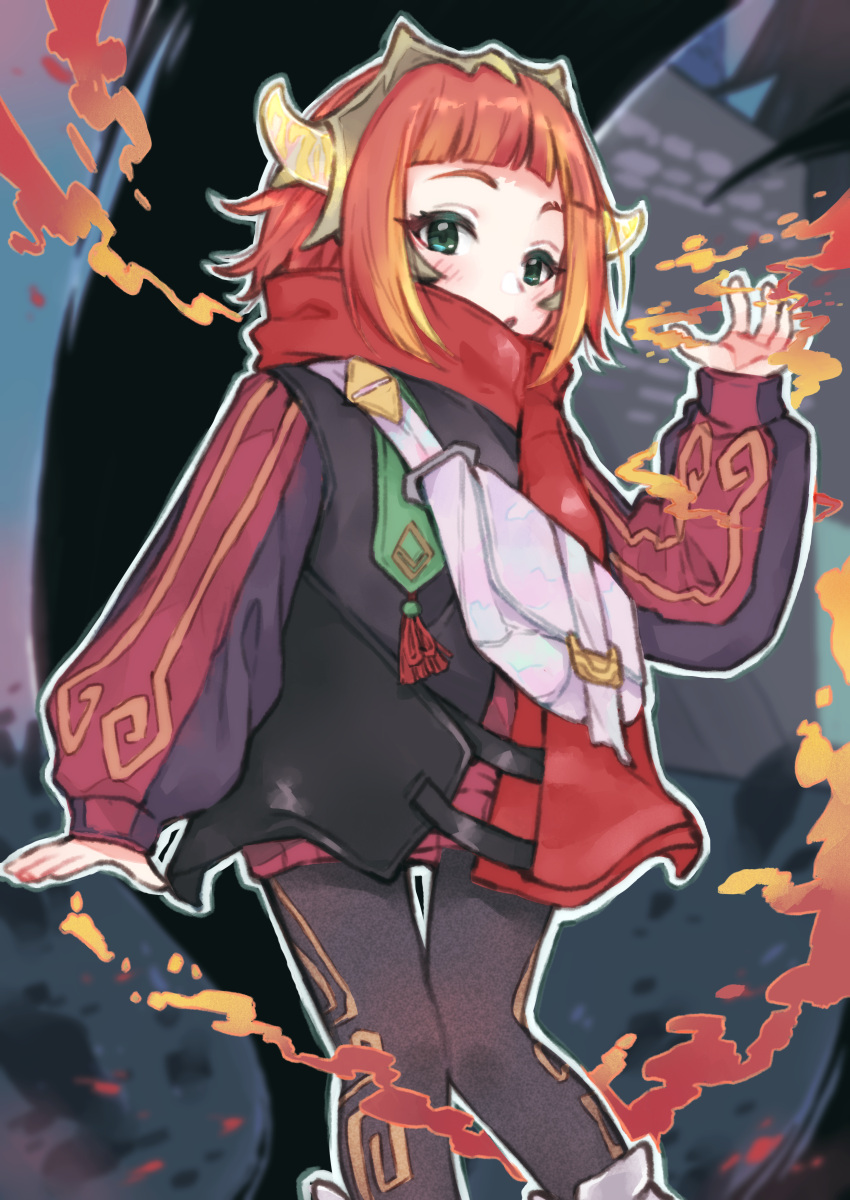 1girl absurdres annie_hastur bag bangs blonde_hair blunt_bangs blush fire glowing glowing_horns green_eyes highres horns huge_filesize jacket kukai league_of_legends looking_at_viewer multicolored multicolored_hair open_mouth orange_hair outdoors outline short_hair sleeves_past_wrists solo tree white_bag white_outline