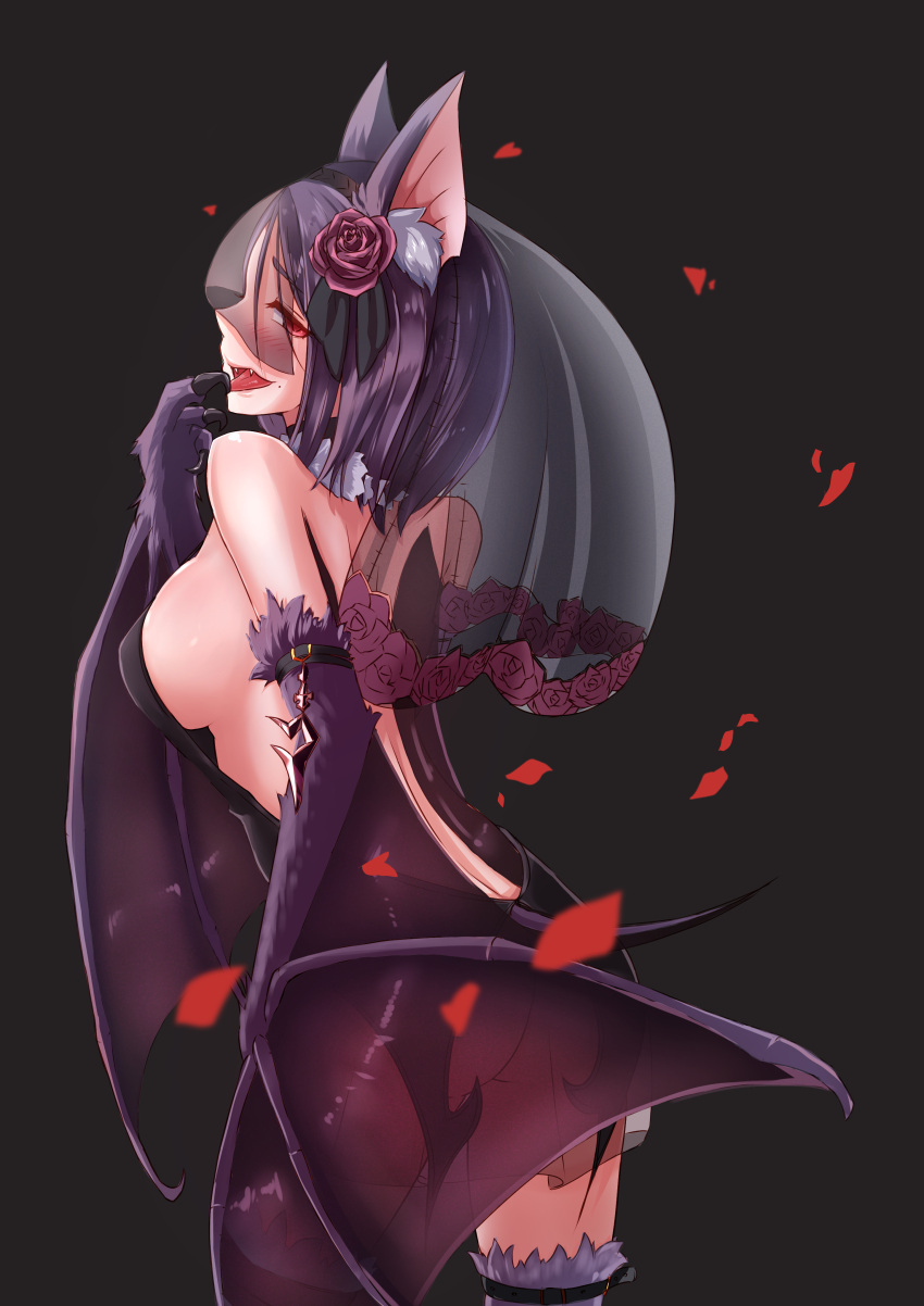 1girl absurdres animal_ears ass bat_ears bat_girl bat_wings bell_orgel black_background breasts commentary_request fangs flower from_behind fur fur_collar hair_flower hair_ornament highres looking_back mole mole_under_mouth monster_girl monster_girl_encyclopedia open_mouth petals rose see-through short_hair sideboob simple_background solo standing tongue tongue_out veil werebat wings