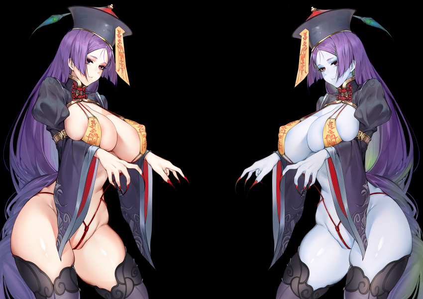1girl absurdres areola_slip areolae bdsm black_background blue_skin breasts closed_mouth colored_skin covered_nipples fate/grand_order fate_(series) fingernails grey_headwear grey_legwear hat highres jiangshi large_breasts long_fingernails long_hair long_sleeves minamoto_no_raikou_(fate/grand_order) pork_belly_(artist) puffy_sleeves purple_eyes purple_hair red_nails red_pupils red_rope rope sharp_fingernails simple_background talisman very_long_fingernails very_long_hair wide_sleeves