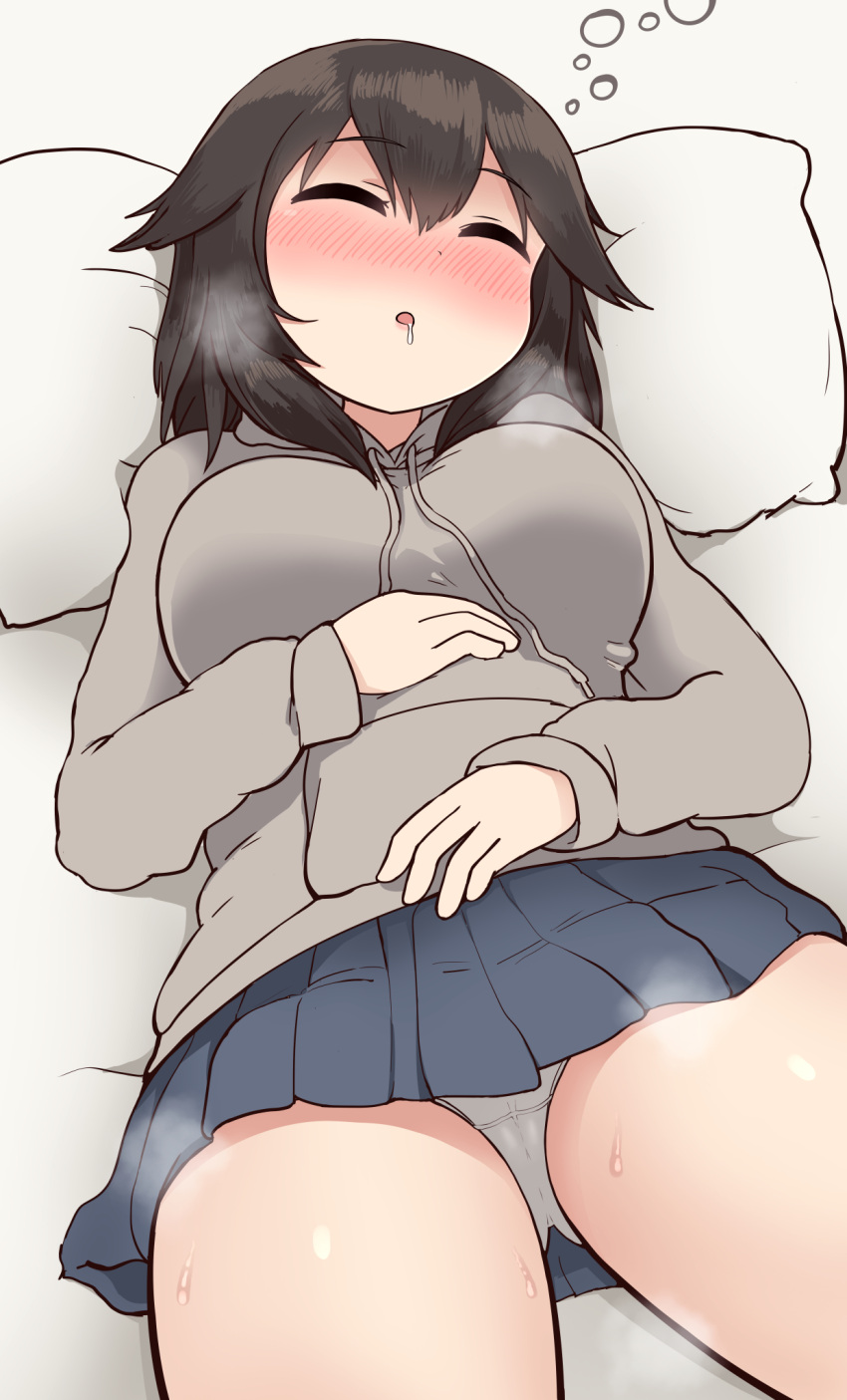 1girl black_hair black_skirt blush breasts closed_eyes cowboy_shot drooling eyebrows_visible_through_hair grey_hoodie hair_between_eyes hayasui_(kantai_collection) highres hood hoodie kantai_collection large_breasts long_sleeves official_alternate_costume open_mouth panties pillow pleated_skirt short_hair simoyuki skirt sleeping solo underwear white_panties