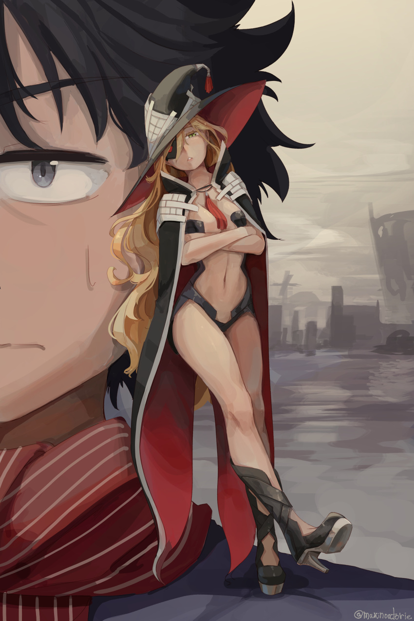 1boy 1girl absurdres black_eyes black_hair blonde_hair boots breasts cape crossed_arms eyepatch green_eyes groin hair_between_eyes hat high_heel_boots high_heels highres kamijou_touma knee_boots long_hair looking_at_viewer makinoatorie minigirl navel othinus painterly parted_lips standing standing_on_one_leg sweatdrop thighs to_aru_majutsu_no_index twitter_username witch_hat