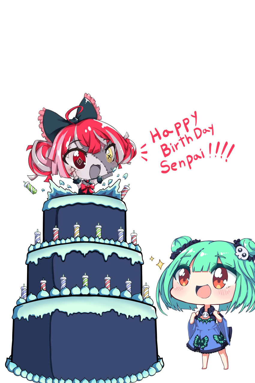 2girls ahoge bangs black_dress blue_dress blush bow brown_eyes cake candle chibi cleavage_cutout clothing_cutout colored_skin double_bun dress food green_hair grey_hair grey_skin hair_bow hair_ornament happy_birthday heterochromia highres hololive hololive_indonesia kureiji_ollie multicolored_hair multiple_girls nsaru pink_hair red_bow red_eyes red_hair skull_hair_ornament stitched_face stitches torn_clothes torn_dress uruha_rushia virtual_youtuber yellow_eyes zombie