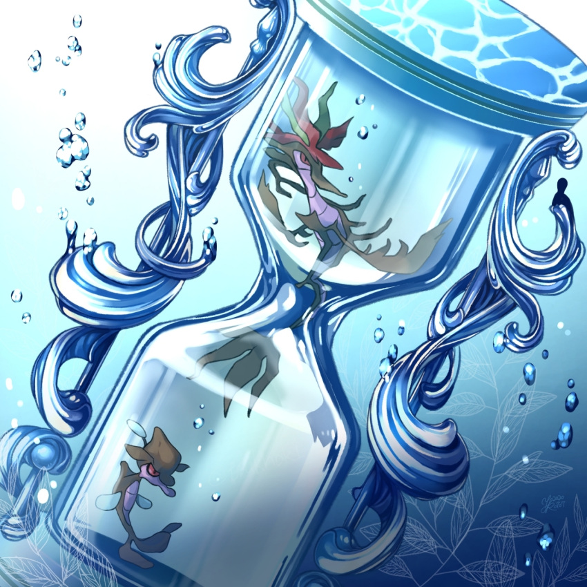 bubble commentary_request dragalge gen_6_pokemon glass highres hourglass leaf looking_to_the_side no_humans pokemon pokemon_(creature) red_eyes skrelp water_surface yukichi_(tsuknak1)