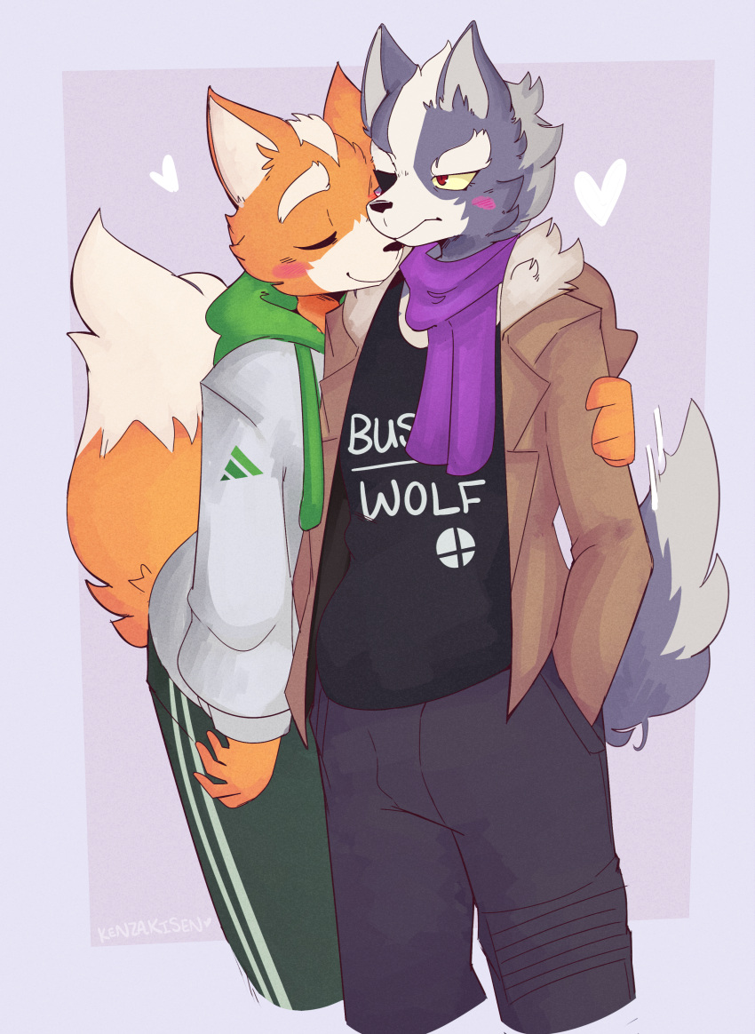 2020 absurd_res anthro canid canine canis clothed clothing digital_media_(artwork) duo fox fur hi_res kenzakisen male mammal nintendo signature simple_background smile star_fox video_games wolf wolf_o'donnell