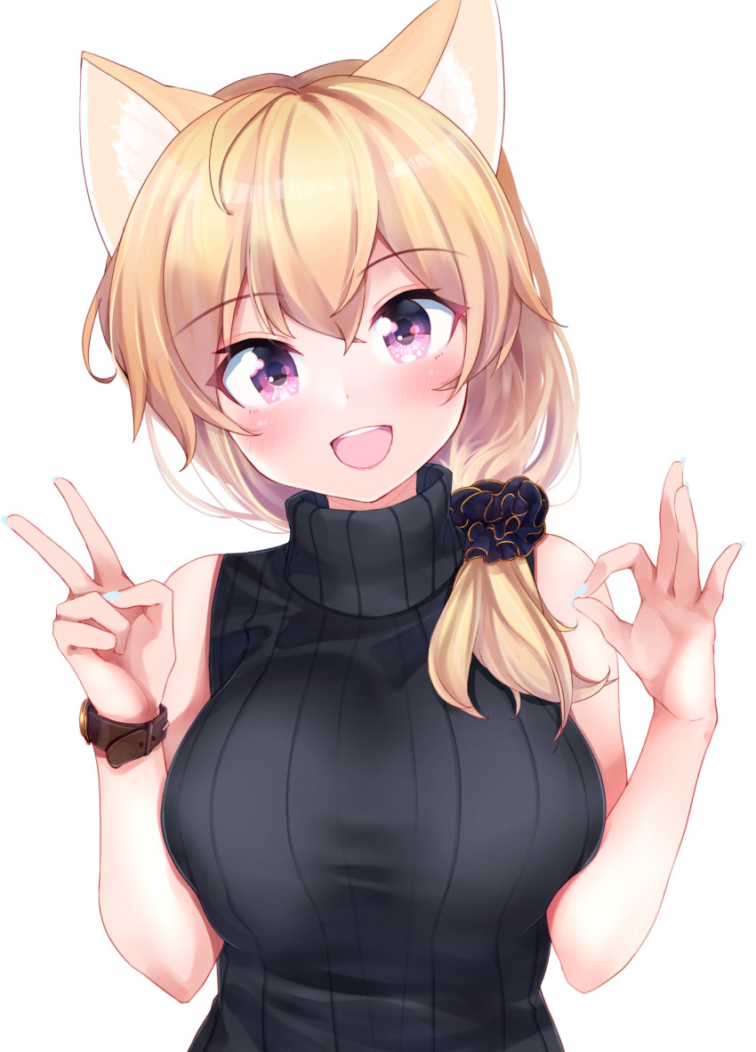 1girl :d animal_ears black_scrunchie black_sweater blonde_hair cat_ears eyebrows_visible_through_hair hair_ornament hair_over_shoulder hair_scrunchie highres kinou_no_shika low_ponytail milestone_celebration nail_polish ok_sign open_mouth original purple_eyes ribbed_sweater scrunchie simple_background sleeveless sleeveless_turtleneck smile solo sweater turtleneck upper_body v watch white_background white_nails wristwatch