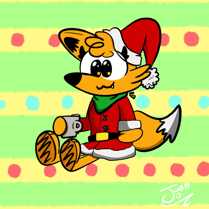 1:1 anthro antoinette_(el_senor_erizo) canid canine christmas christmas_clothing christmas_headwear clothing costume cute_eyes cute_face female fox hair hat headgear headwear hi_res holidays juan_jo mammal orange_body orange_hair orange_tail pattern_background santa_costume santa_hat shaded simple_background simple_shading