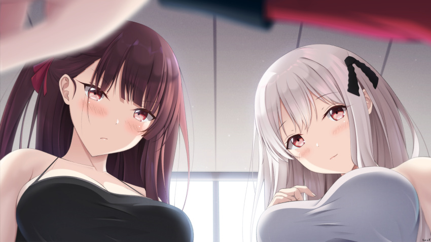 2girls bangs black_ribbon blush breasts closed_mouth eyebrows_visible_through_hair girls_frontline hair_ribbon highres indoors kar98k_(girls_frontline) keenh large_breasts long_hair long_sleeves looking_at_viewer multiple_girls pov pov_hands purple_hair red_eyes red_ribbon ribbon wa2000_(girls_frontline) white_hair