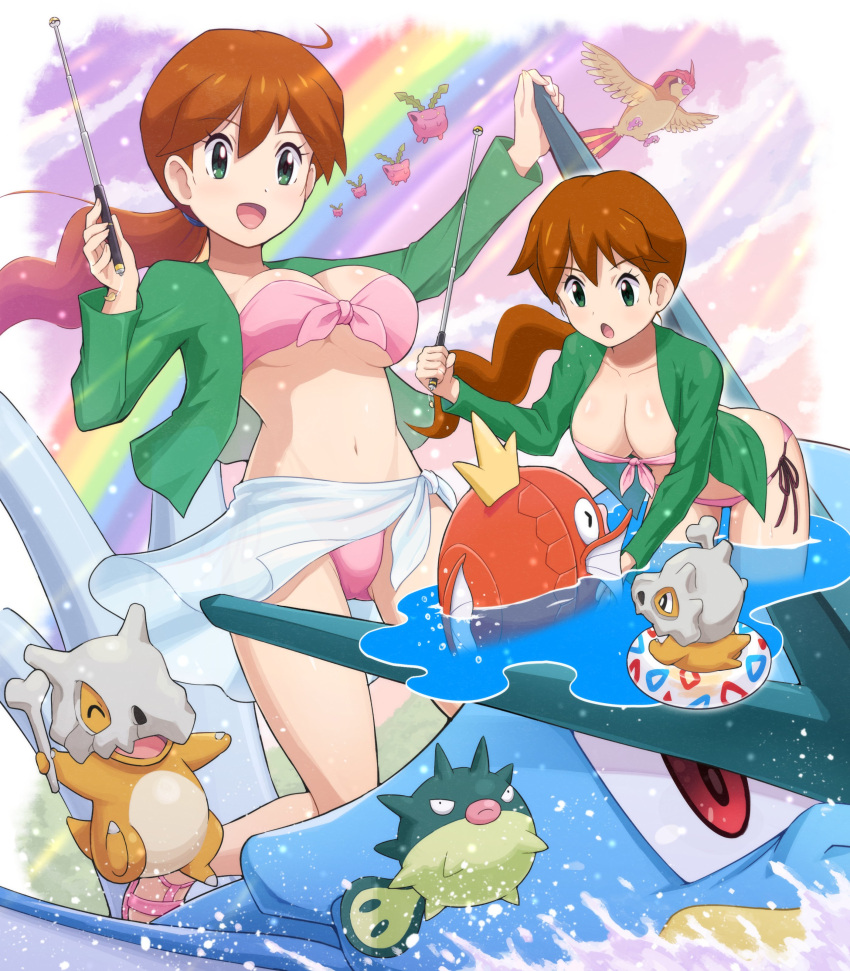 1girl absurdres bangs bikini breasts brown_hair cleavage cubone eyebrows_visible_through_hair eyelashes gen_1_pokemon gen_2_pokemon green_eyes gyarados hair_tie happy highres holding hoppip innertube long_hair magikarp multiple_views navel open_mouth pidgeotto pink_bikini pokemoa pokemon pokemon_stadium ponytail qwilfish rainbow riding_pokemon sandals side-tie_bikini smile swimsuit teacher_(pokemon) teaching tied_hair tongue water