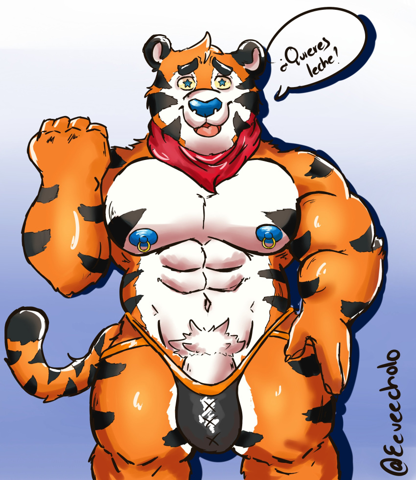 2021 absurd_res anthro black_body black_fur blue_nose eeveecholo felid frosted_flakes fur genitals hi_res humanoid_hands kellogg's male mammal mascot muscular muscular_anthro muscular_male nipples orange_body orange_fur pantherine penis pubes solo spanish_text text tiger tony_the_tiger white_body white_fur