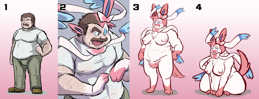 2016 anthro beard bottomwear breast_growth breasts chest_tuft clothing eeveelution facial_hair footwear gender_transformation growth hair hairy_arms hi_res hitsujimeemee human human_to_anthro male mammal naturally_censored nintendo nude overweight overweight_male pants pok&eacute;mon pok&eacute;mon_(species) sequence shirt shoes short_hair simple_background sitting species_transformation surprise sylveon topwear transformation tuft video_games