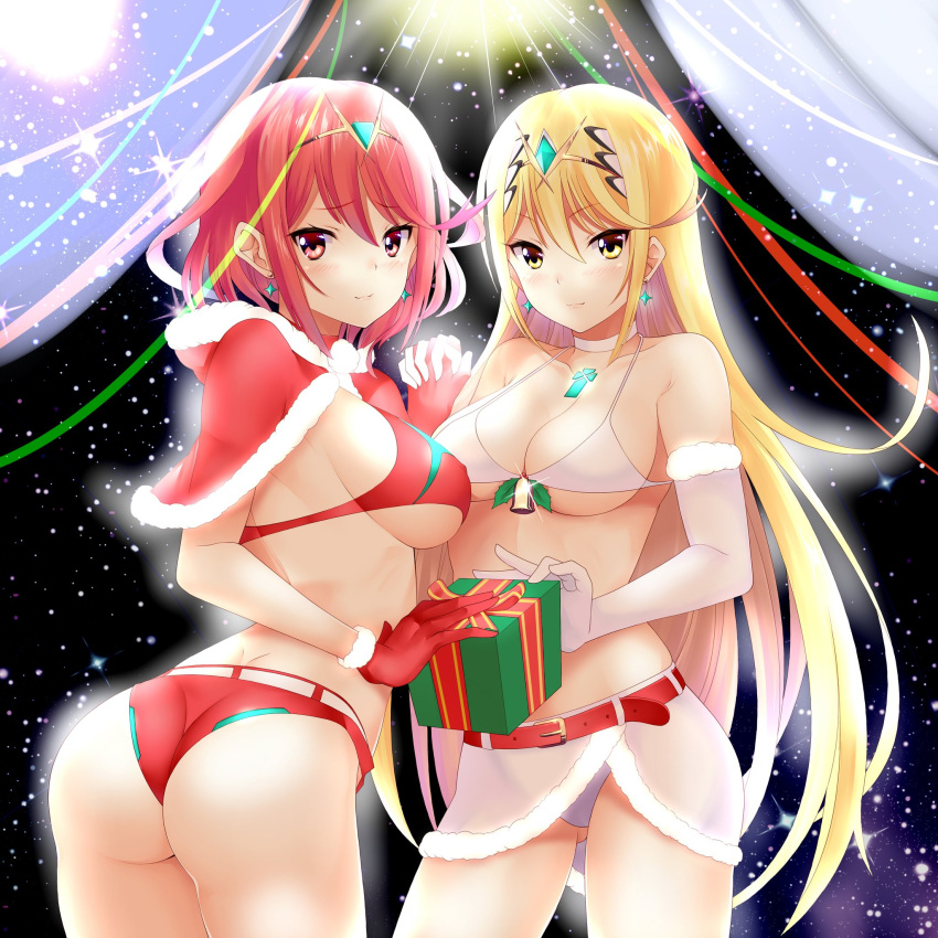 2girls ass bangs bell belt bikini blonde_hair box breasts capelet chest_jewel christmas closed_mouth daive earrings elbow_gloves eyebrows_visible_through_hair gem gift gift_box gloves hair_between_eyes headpiece highres holding_hands interlocked_fingers jewelry large_breasts long_hair multiple_girls mythra_(xenoblade) pyra_(xenoblade) red_belt red_bikini red_capelet red_eyes red_gloves red_hair short_hair smile swept_bangs swimsuit tiara white_bikini white_gloves xenoblade_chronicles_(series) xenoblade_chronicles_2 yellow_eyes