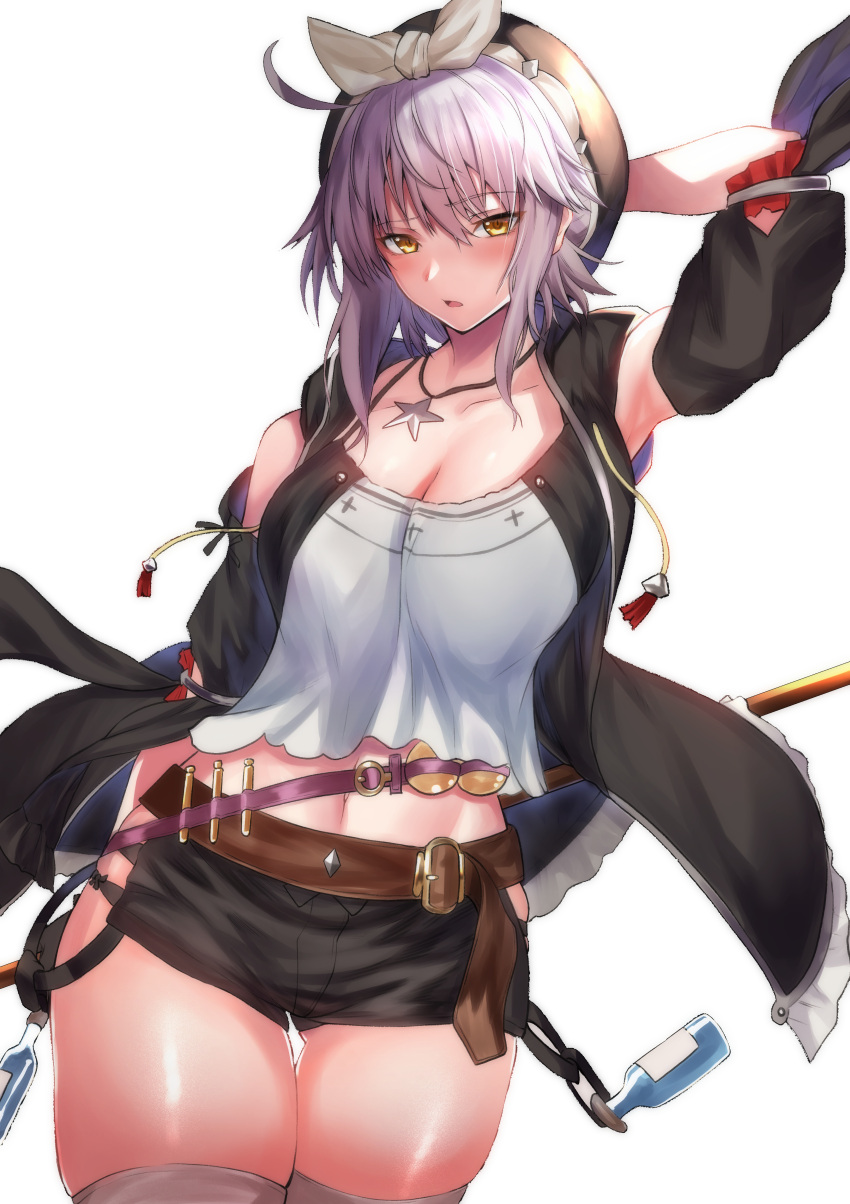1girl absurdres arm_behind_head atelier_(series) atelier_ryza bangs belt beret black_shorts black_vest blush breasts camisole cleavage collarbone cosplay detached_sleeves fate/grand_order fate_(series) glglpanda hat highres jeanne_d'arc_(alter)_(fate) jeanne_d'arc_(fate)_(all) jewelry large_breasts looking_at_viewer navel necklace open_clothes open_mouth open_vest reisalin_stout reisalin_stout_(cosplay) ribbon short_hair short_shorts shorts sidelocks silver_hair simple_background star_(symbol) star_necklace thighs vest white_background white_camisole white_ribbon yellow_eyes