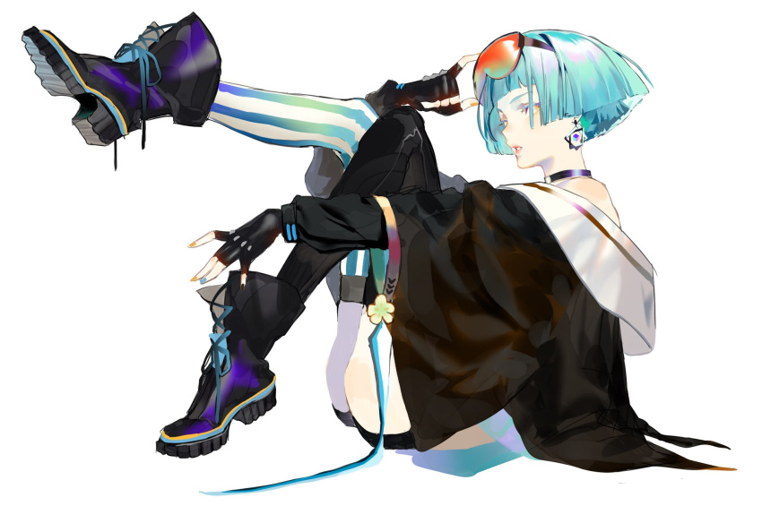 1girl bangs black_footwear black_gloves black_jacket black_legwear black_shorts blue_hair blunt_bangs boots choker earrings fingerless_gloves full_body girls_frontline gloves goggles goggles_on_head highres jacket jewelry lips long_sleeves mismatched_legwear multicolored multicolored_nails nail_polish orange_eyes parted_lips short_hair shorts simple_background sitting solo striped striped_legwear thighhighs unye_00 white_background wide_sleeves zas_m21_(girls_frontline)