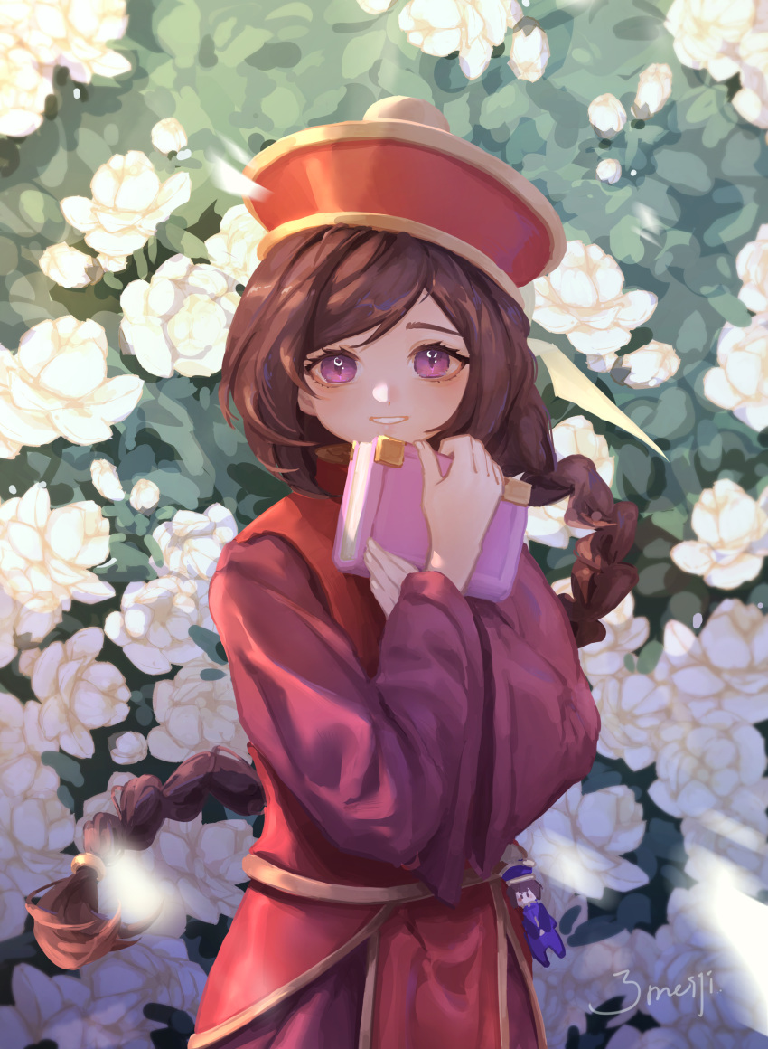 1girl absurdres bangs blouse bongun book braid braided_ponytail brown_hair bush character_doll chinese_commentary commentary cowboy_shot dress flower hat highres holding holding_book jiangshi long_hair long_sleeves looking_at_viewer low-tied_long_hair munak pants purple_eyes qing_guanmao ragnarok_online red_blouse red_dress red_headwear red_pants sandwich_(3meiji) signature smile solo swept_bangs white_flower