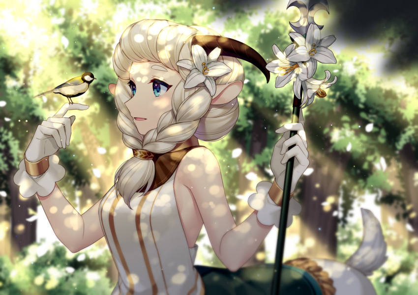 afk_arena animal bird blue_eyes flowers gloves horns jenevan nemora_(afk_arena) spear tree weapon white_hair