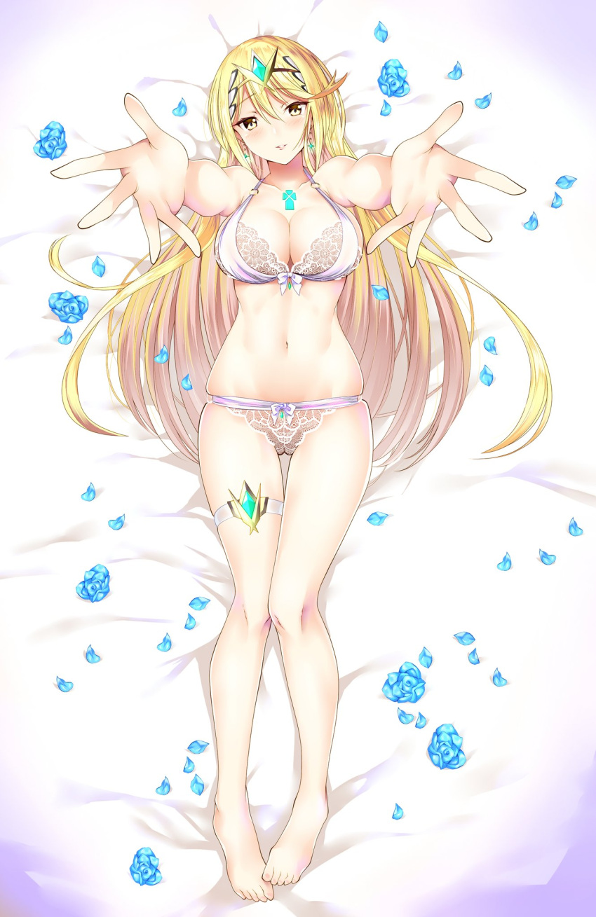 1girl bangs bare_shoulders blonde_hair blush bra breasts chest_jewel cleavage collarbone daive earrings gem highres jewelry large_breasts legs long_hair looking_at_viewer mythra_(xenoblade) navel outstretched_arms panties smile swept_bangs thigh_strap tiara underwear white_bra white_panties xenoblade_chronicles_(series) xenoblade_chronicles_2 yellow_eyes