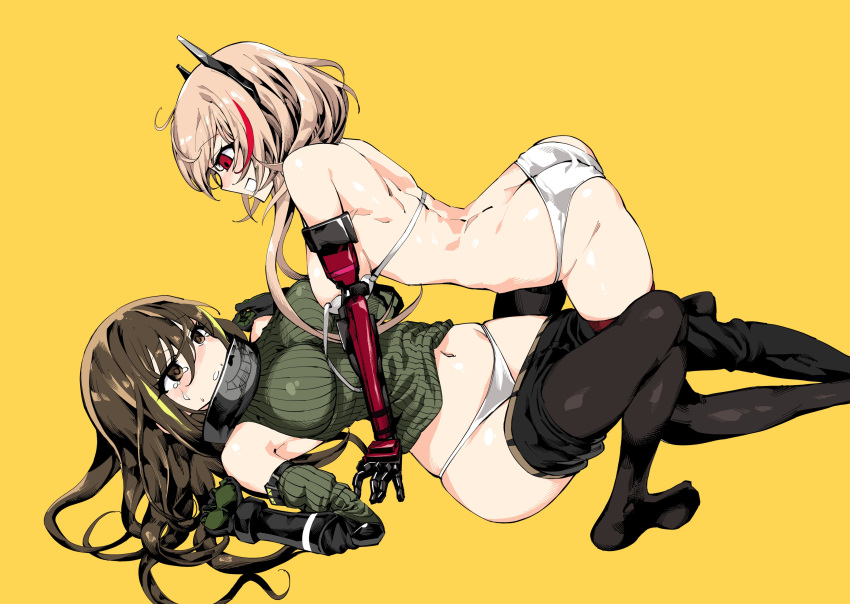 2girls absurdres ass bangs black_legwear black_shorts blonde_hair blush bra breasts brown_eyes brown_hair detached_sleeves girls_frontline gloves green_hair green_sweater hair_between_eyes headgear highres kinbakuman large_breasts long_hair m4_sopmod_ii_(girls_frontline) m4a1_(girls_frontline) mechanical_arm medium_breasts multicolored_hair multiple_girls panties pantyhose pantyhose_pull pink_hair red_eyes ribbed_sweater scarf short_hair_with_long_locks shorts shorts_pull simple_background sleeveless sleeveless_sweater streaked_hair sweater tears thighhighs underwear white_bra white_panties yellow_background yuri