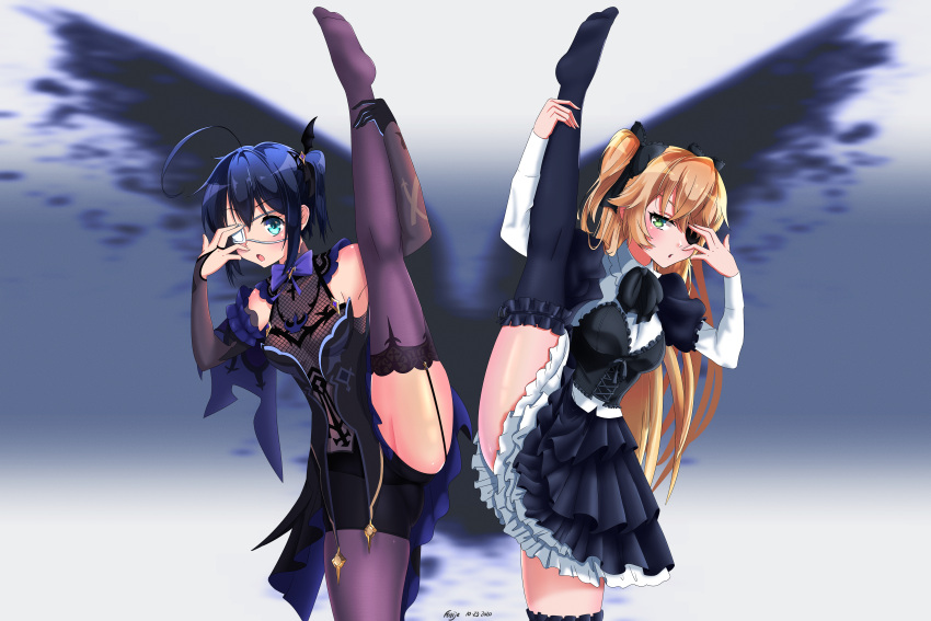 2girls absurdres ahoge ass_visible_through_thighs blonde_hair blue_eyes blush breasts chuunibyou chuunibyou_demo_koi_ga_shitai! cosplay costume_switch dated dress eyepatch fischl_(genshin_impact) fischl_(genshin_impact)_(cosplay) frilled_dress frills garter_straps genshin_impact green_eyes groin_tendon hair_between_eyes highres huge_filesize kaije7 long_hair medium_breasts multiple_girls short_twintails side_ponytail split standing standing_on_one_leg standing_split takanashi_rikka takanashi_rikka_(cosplay) thighhighs thighs twintails zettai_ryouiki