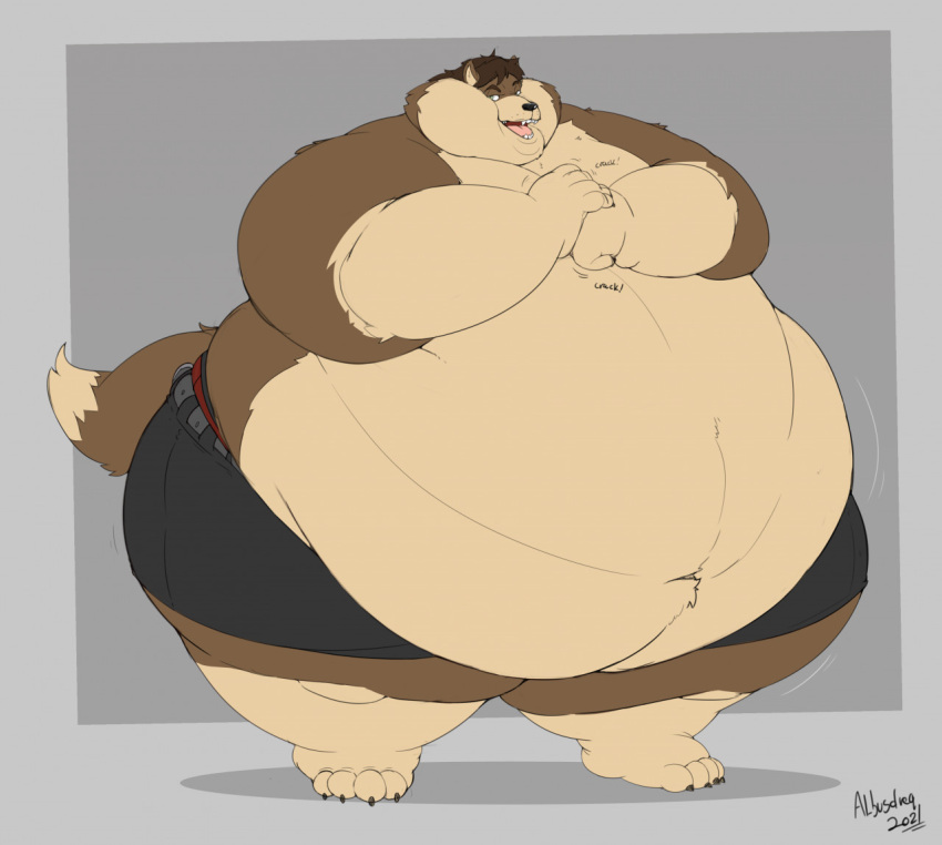 albusmcdreg anthro belly belly_overhang big_belly brown_body brown_fur canid canine canis chubby_cheeks claws clothed clothing cracking_knuckles fur male mammal morbidly_obese morbidly_obese_anthro morbidly_obese_male navel obese obese_anthro obese_male open_mouth open_smile overweight overweight_anthro overweight_male smile solo sound_effects standing tan_body tan_fur teeth thick_thighs toe_claws tongue topless wide_hips wolf