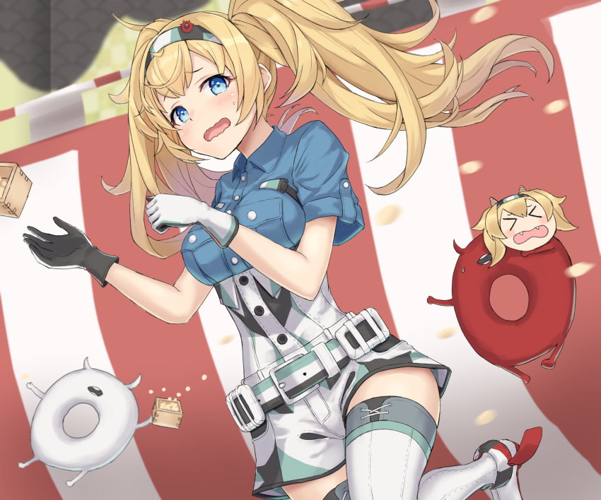 1girl 2others abyssal_ship beans blonde_hair blue_eyes blue_shirt blush buttons collared_shirt enemy_lifebuoy_(kantai_collection) eyebrows_visible_through_hair gambier_bay_(kantai_collection) gloves hair_between_eyes highres kantai_collection long_hair mask masu monoku multicolored multicolored_clothes multicolored_gloves multiple_others open_mouth rudder_footwear setsubun shirt short_sleeves shorts twintails wavy_mouth white_shorts