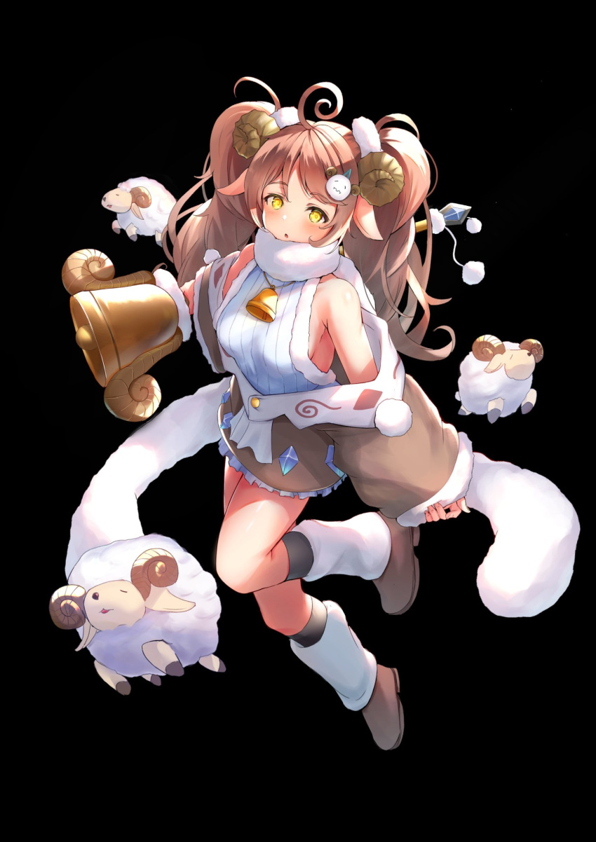 1girl animal animal_ears bell breasts brown_hair curled_horns highres hooves horns monster_girl nose_(oekaki1825) original sheep sheep_ears sheep_girl sheep_horns sideboob skirt staff twintails wool yellow_eyes