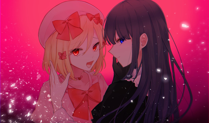 2girls black_dress blonde_hair blue_eyes dress frederica_bernkastel glowing glowing_eyes highres hime_cut juliet_sleeves lambdadelta long_hair long_sleeves multiple_girls pink_dress pink_headwear puffy_sleeves purple_hair red_eyes ribbon shanahan short_hair umineko_no_naku_koro_ni