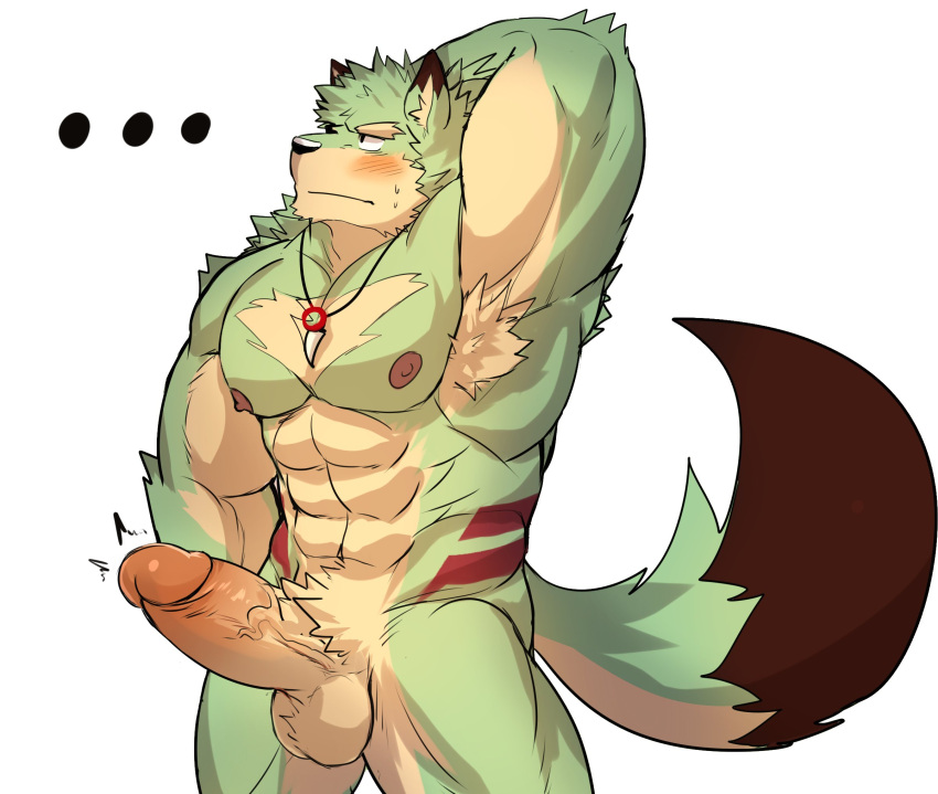 ... abs alternate_version_at_source anthro armpit_fetish armpit_hair balls blush bodily_fluids body_hair canid canine canis crotch_tuft erection fur genitals green_body green_fur hand_behind_head hi_res humanoid_genitalia humanoid_penis jewelry male mammal moji mono_g muscular muscular_anthro muscular_male necklace necklace_only nipples nude pecs penis simple_background solo sweat sweatdrop tan_body tan_fur tuft white_background wolf