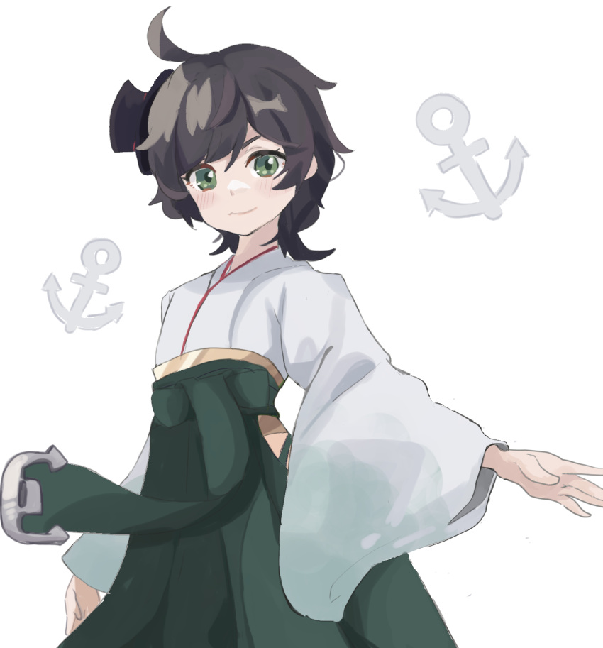 1girl ahoge anchor anchor_symbol bangs black_hair cowboy_shot green_eyes green_hakama hakama hat highres japanese_clothes kantai_collection kimono matsukaze_(kantai_collection) meiji_schoolgirl_uniform mini_hat mini_top_hat short_hair simple_background solo swept_bangs top_hat umi_owl wavy_hair white_background white_kimono