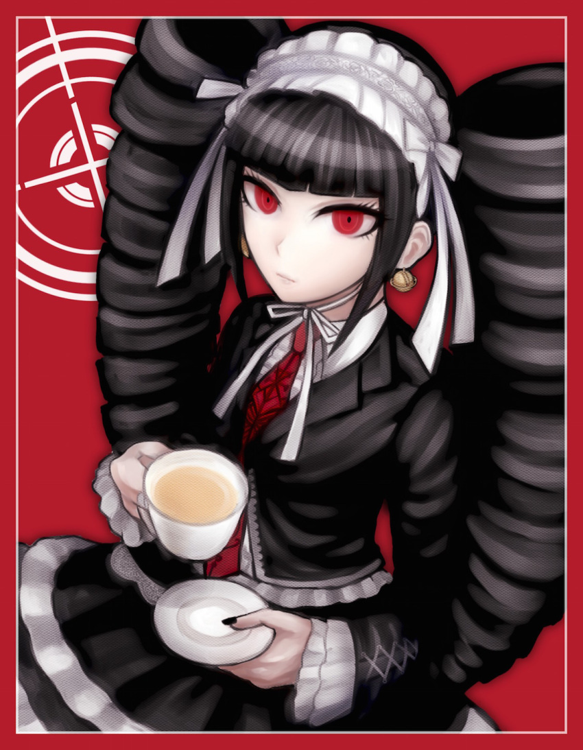 1girl bangs black_hair black_jacket black_nails black_skirt blunt_bangs bonnet border celestia_ludenberg closed_mouth collared_shirt cowboy_shot cup danganronpa:_trigger_happy_havoc danganronpa_(series) drill_hair drink earrings gothic_lolita hairband highres holding holding_cup jacket jewelry komatsuzaki_rui_(style) layered_skirt lolita_fashion long_hair long_sleeves looking_at_viewer nail_polish necktie official_style pale_skin red_background red_border red_eyes red_neckwear ribbon shiny shiny_hair shirt skirt smile solo tea teacup torimeshi_(shiroichi) twin_drills twintails white_shirt