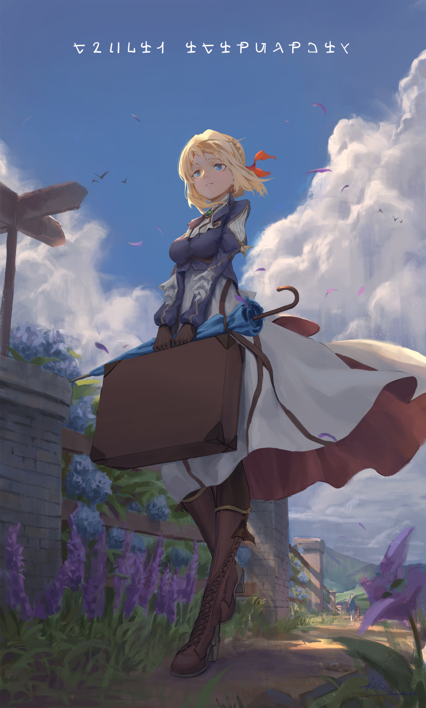 1girl 2020 absurdres bird blonde_hair blue_jacket blue_sky boots braid brick_wall brooch brown_footwear brown_gloves bwh cloud cross-laced_footwear dated dirt_road french_braid gloves grass hair_intakes hair_ribbon high_heel_boots high_heels highres jacket jewelry kyoto_animation lace-up_boots petals raised_eyebrows red_ribbon ribbon road road_sign scenery sign signature sky smile solo suitcase umbrella violet_evergarden violet_evergarden_(character) white_neckwear