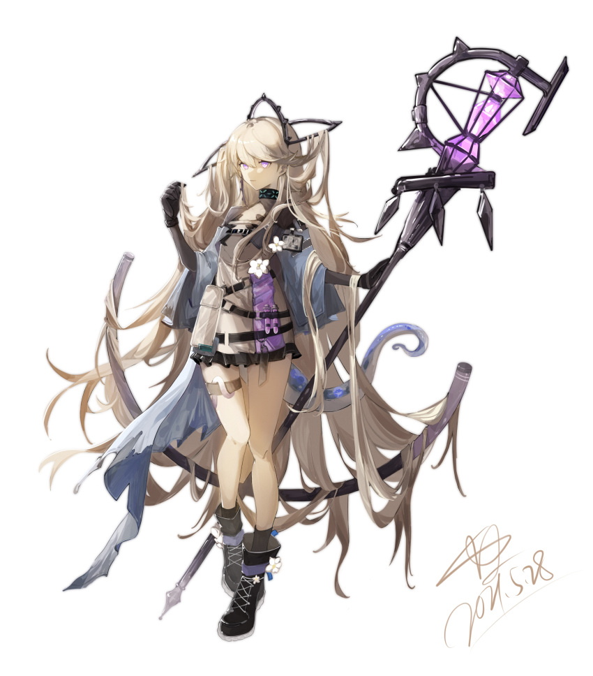 1girl absurdly_long_hair absurdres arknights black_collar black_footwear black_gloves black_legwear black_skirt blonde_hair blue_jacket boots brown_shirt collar commentary_request dated full_body gloves hair_between_eyes headgear highres holding holding_staff id_card indigo_(arknights) infection_monitor_(arknights) jacket long_hair long_sleeves luan_teng microskirt off_shoulder open_clothes open_jacket purple_eyes shirt simple_background skirt socks solo staff standing very_long_hair white_background
