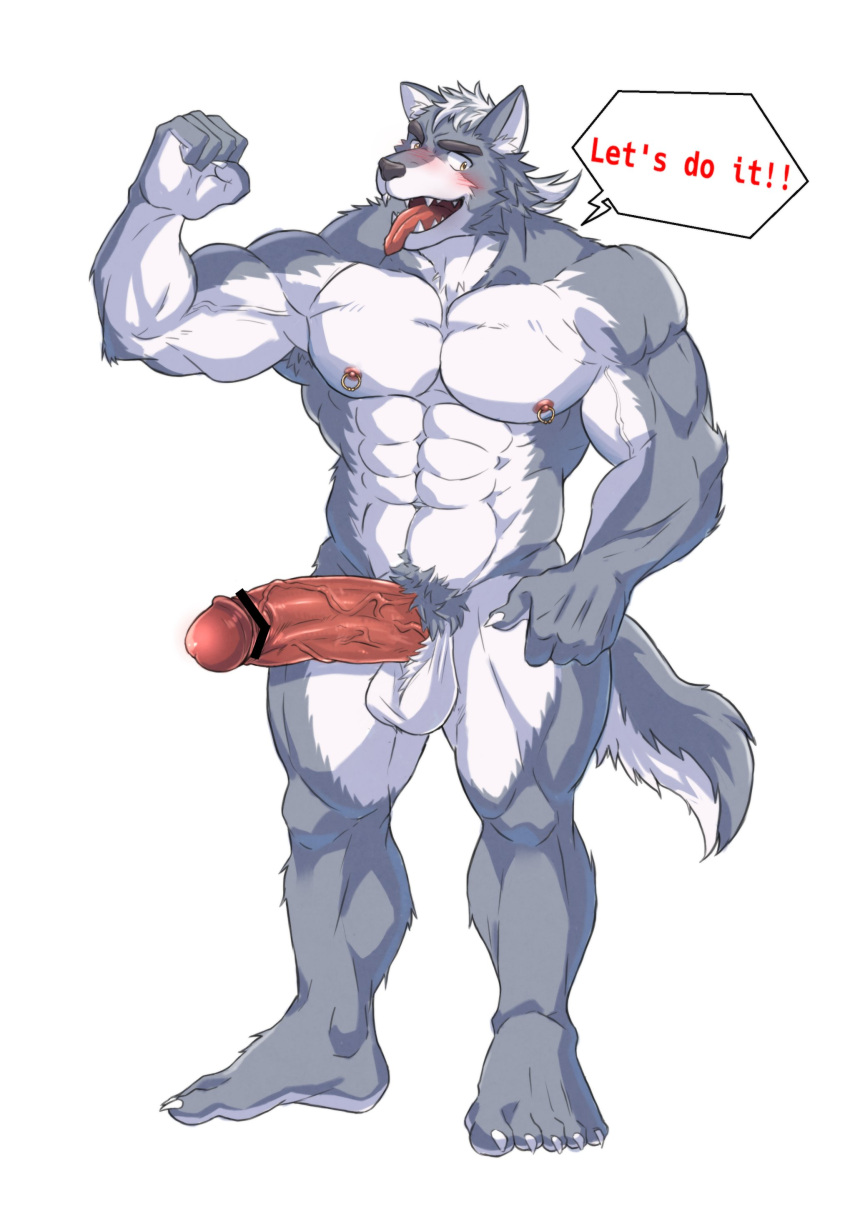 5_fingers 5_toes abs absurd_res alternate_version_at_source anthro balls big_penis blush canid canine canis censor_bar censored claws dialogue english_text erection feet fingers flexing fur genitals grey_body grey_fur gryffindor131 hi_res humanoid_genitalia humanoid_penis male mammal muscular muscular_anthro muscular_male nipple_piercing nipple_ring nipples nude open_mouth pecs penis piercing pubes simple_background solo speech_bubble standing text toe_claws toes tongue tongue_out vein veiny_penis white_background wolf yellow_eyes