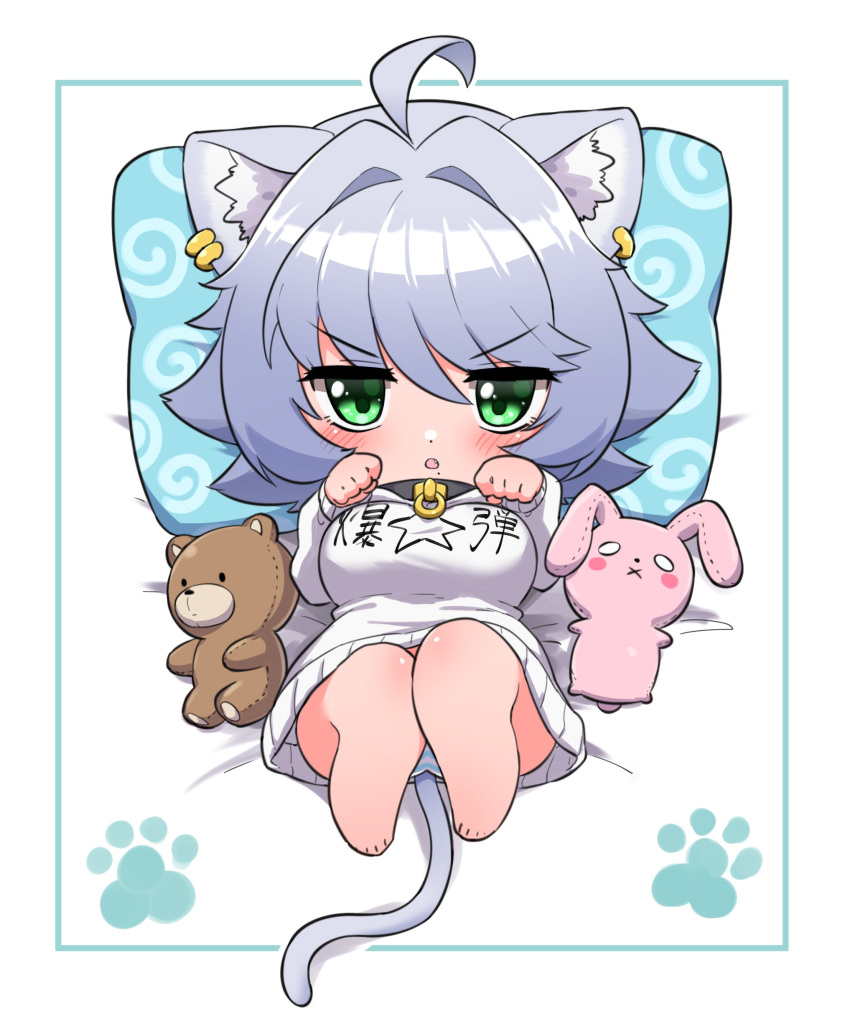 1girl absurdres animal_ear_fluff animal_ears bear blush bunny cat_ears cat_girl cat_tail chibi clothes_writing collar commentary_request earrings eyebrows_visible_through_hair grey_hair highres jewelry looking_at_viewer lying mole mole_under_mouth ngetyan on_back original oversized_clothes panties paw_pose paw_print pillow print_pillow renge_(ngetyan) short_hair solo spiral star_(symbol) striped striped_panties stuffed_animal stuffed_toy sweater tail translation_request underwear