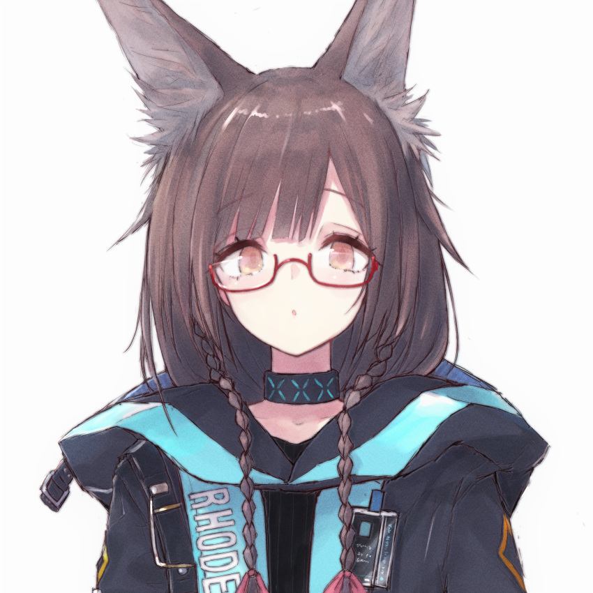 1girl animal_ear_fluff animal_ears arknights bangs black_jacket braid brown_eyes brown_hair buran_(kure) character_request collarbone commentary_request commission eyebrows_visible_through_hair female_doctor_(arknights) glasses grey_background hair_over_shoulder highres hood hood_down hooded_jacket jacket long_hair pixiv_request red-framed_eyewear semi-rimless_eyewear simple_background solo twin_braids under-rim_eyewear upper_body