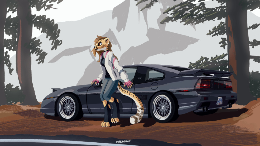 16:9 2021 anthro ayalim car cheetah claws clothed clothing digital_media_(artwork) digitigrade ear_piercing felid feline female fingerless_gloves fully_clothed fur gloves handwear hi_res jacket leaning mammal orange_eyes outside piercing pontiac solo topwear vehicle widescreen yellow_body yellow_fur