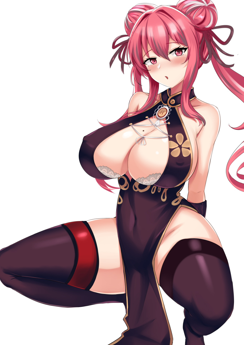 1girl absurdres azur_lane breasts bremerton_(azur_lane) bremerton_(kung_fu_cruiser)_(azur_lane) china_dress chinese_clothes cleavage cleavage_cutout clothing_cutout covered_navel double_bun dress highres huge_breasts mole mole_on_breast pelvic_curtain pink_eyes pink_hair side_slit sleeveless sleeveless_dress squatting thighhighs twintails wuwusan
